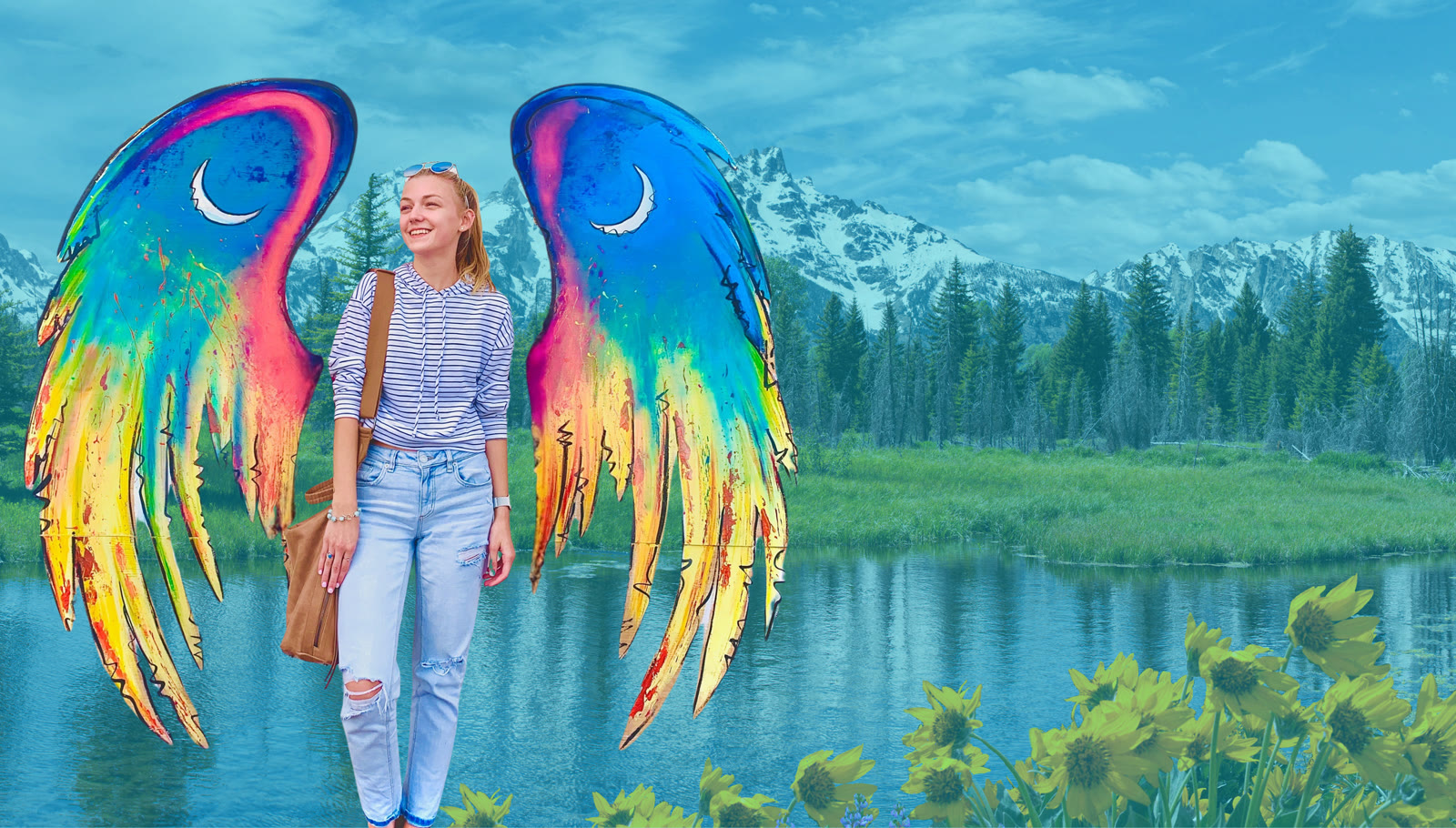 Gabby Petito smiling in front of a painted angel-wings mural, set against the Teton range