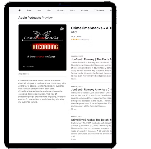 CrimeTimeSnacks on Apple Podcasts, shown on iPad